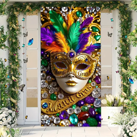 Mardi Gras Decorations Door Cover Banner Mask Feather Garland Print Photography Backdrop Indoor Outdoor Porch Background Decor